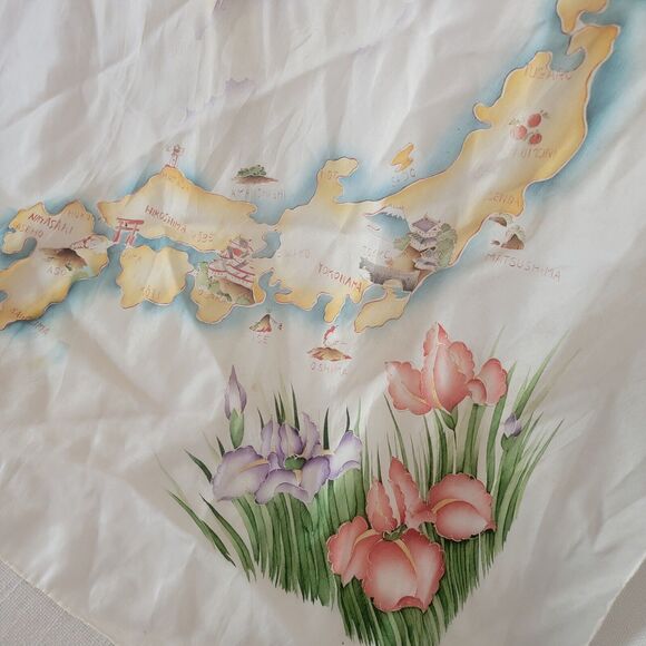 Vintage Japan Hand Painted Silk Square Scarf (34" X 35") Map Of Japan - Picture 3 of 6